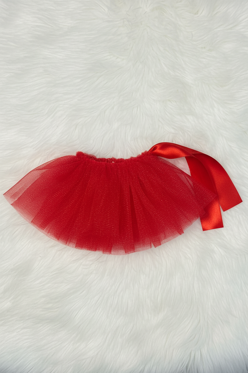 Red tutu skirt with a satin ribbon on a white fur background