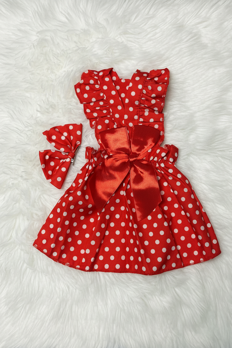 Red polka dot dress with a large bow on a white fluffy surface
