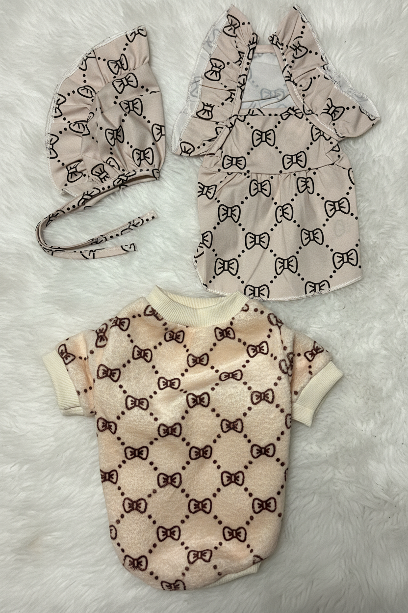 Dog outfit set with romper, hat, and shirt featuring a bow pattern on a beige background