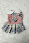Dog outfit with pink sweater, plaid skirt, and bow tie on a textured white background