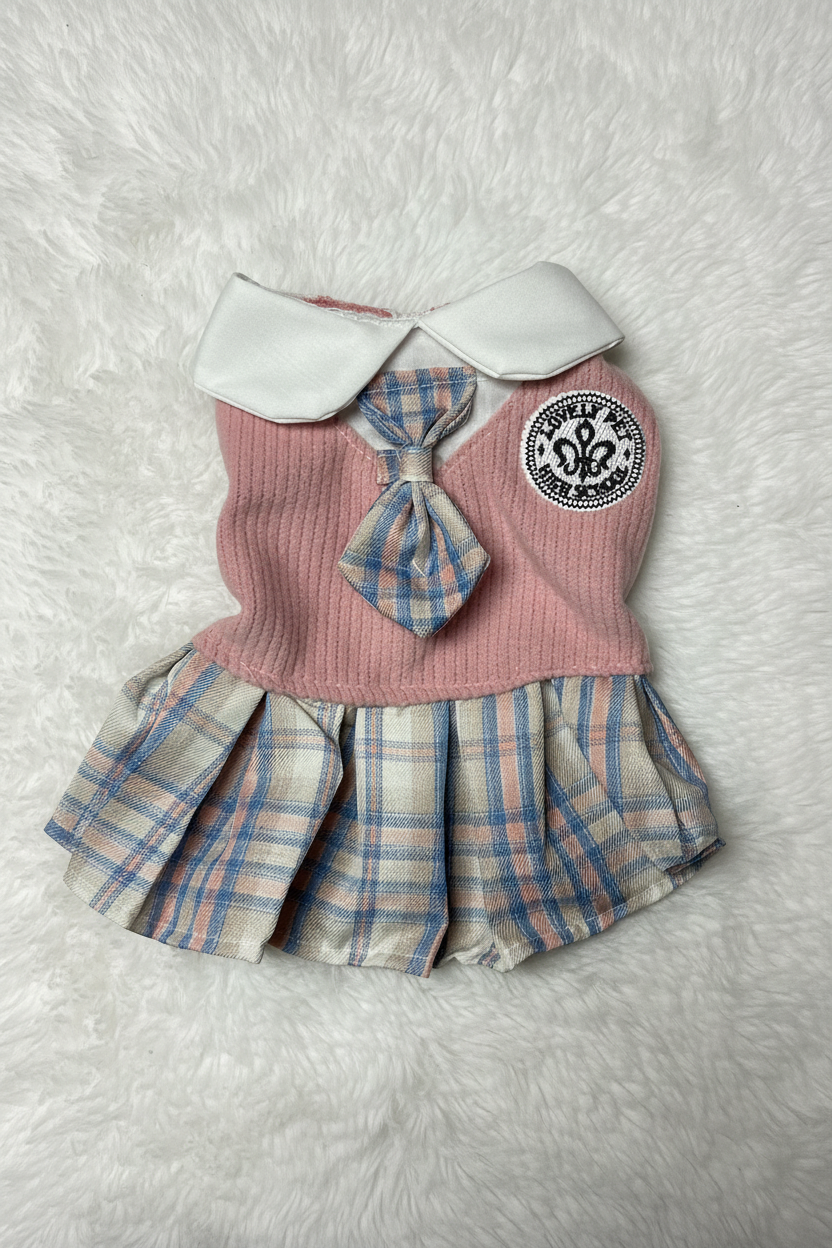 Dog outfit with pink sweater, plaid skirt, and bow tie on a textured white background