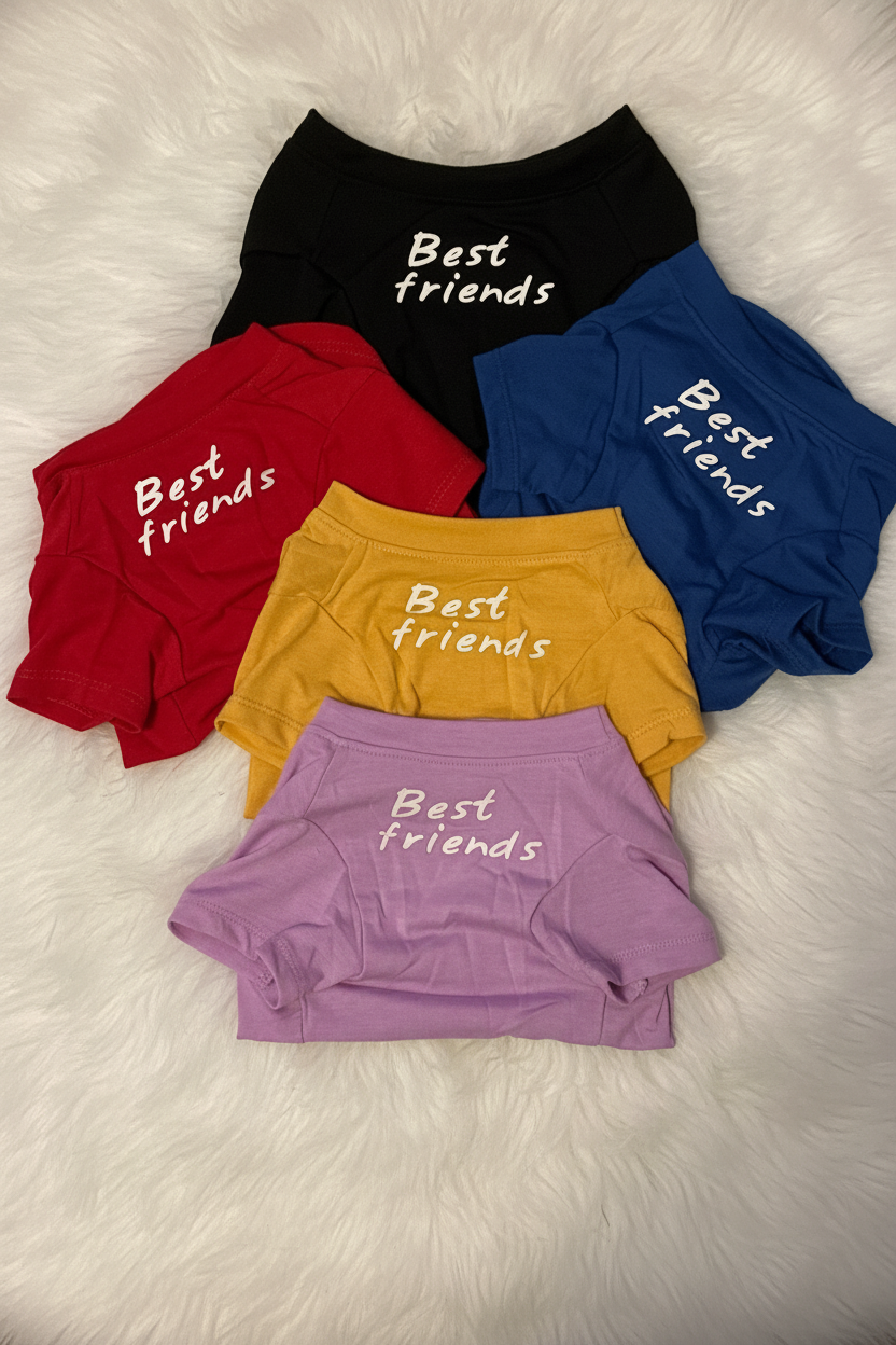 Five pairs of colorful dog shorts with 'Best friends' text on a white fluffy surface