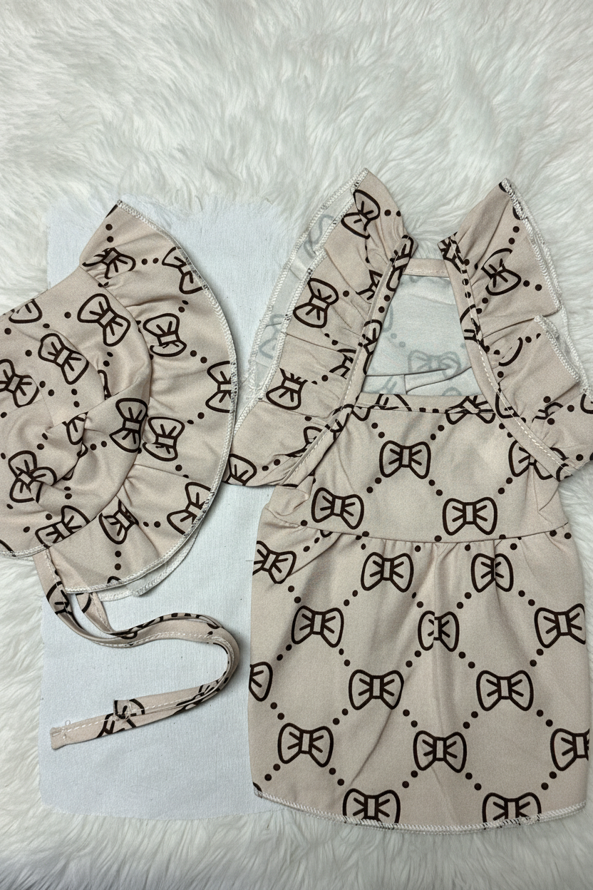 Beige dog dress and bonnet set with black bow pattern on a white fluffy background