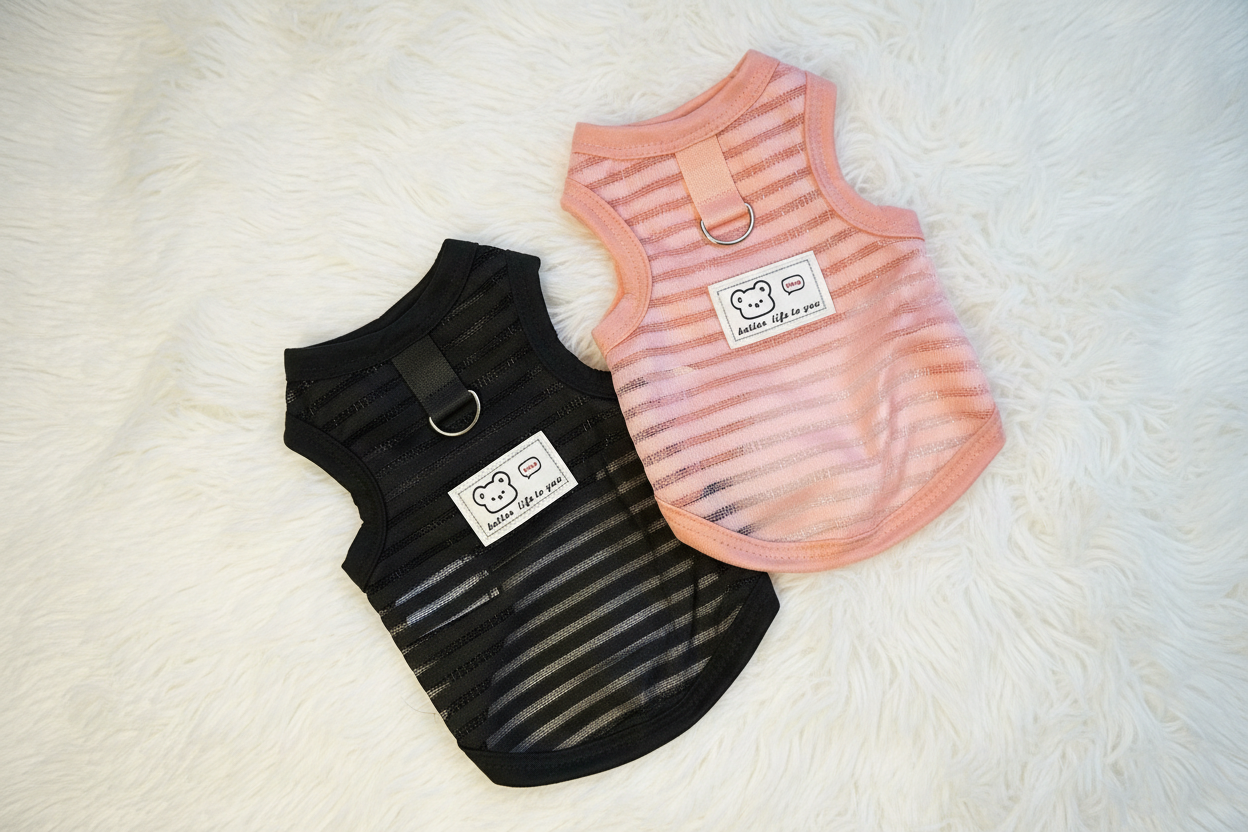 Black and pink striped pet vests on a white fluffy surface