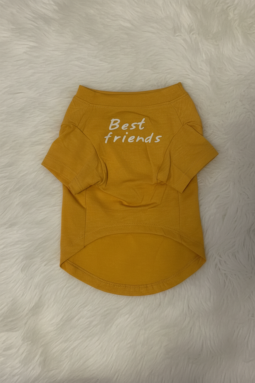 Yellow dog shirt with 'Best friends' text on a white fluffy background