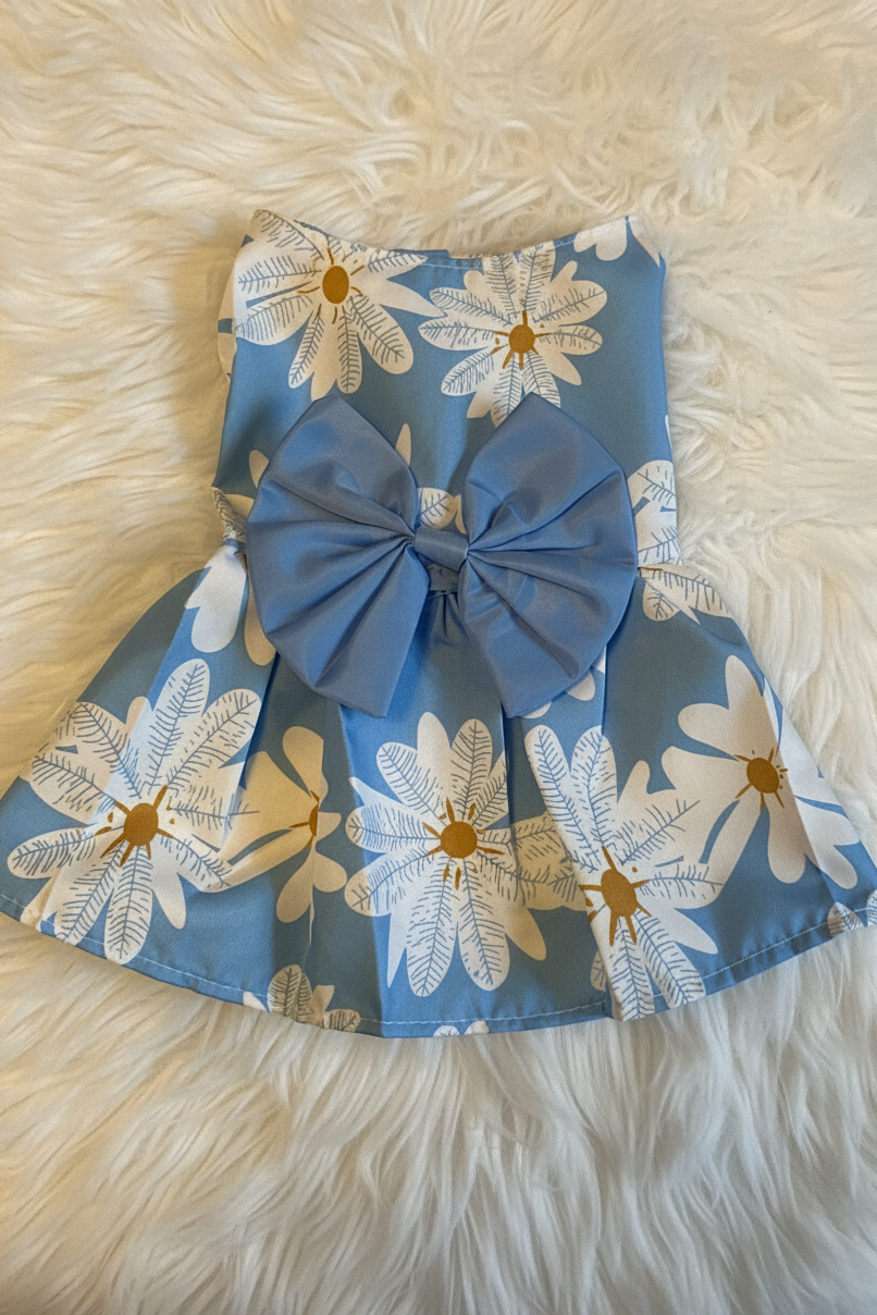 Dog summer dress multi with light blue bow