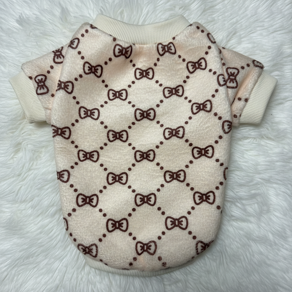 Dog sweater with brown bow pattern on a white fluffy surface