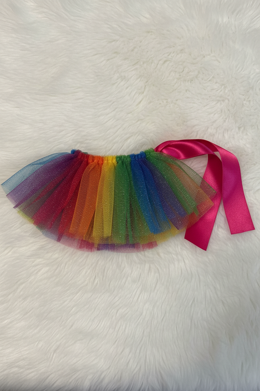 Colorful tutu skirt with a pink ribbon on a white fur background