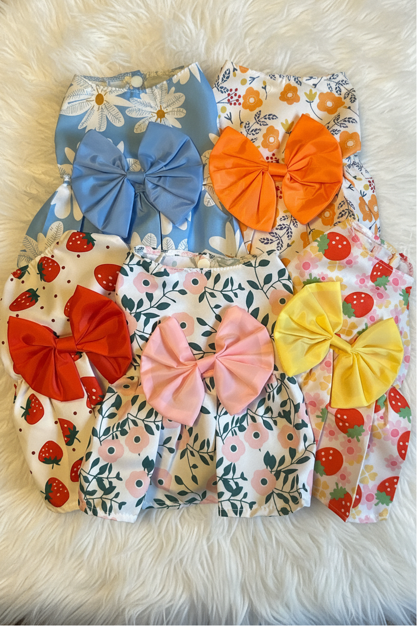 Set of colorful dog summer dresses with large bows on a fluffy white surface
