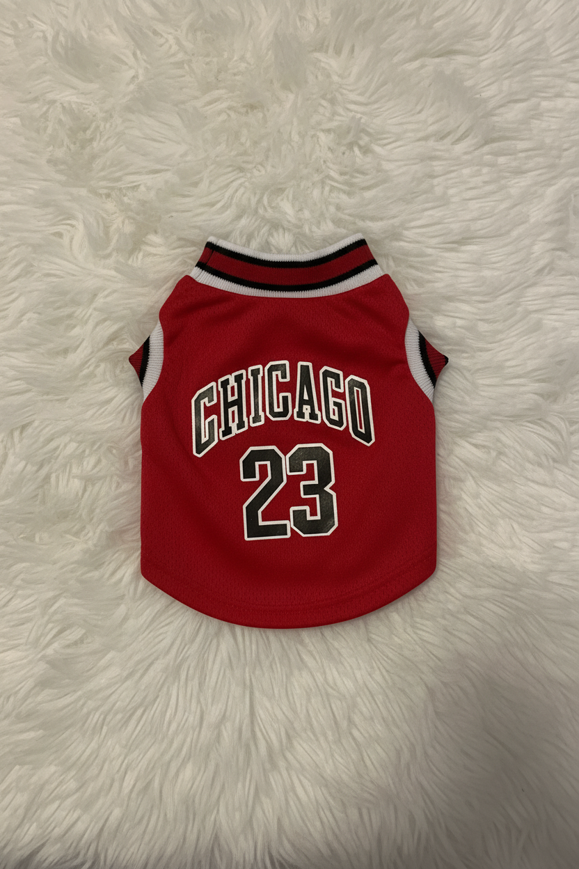 Red dog jersey with 'Chicago' and number '23' on a white fur background