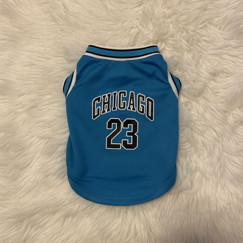 Blue pet jersey with 'Chicago 23' text on a fluffy white surface